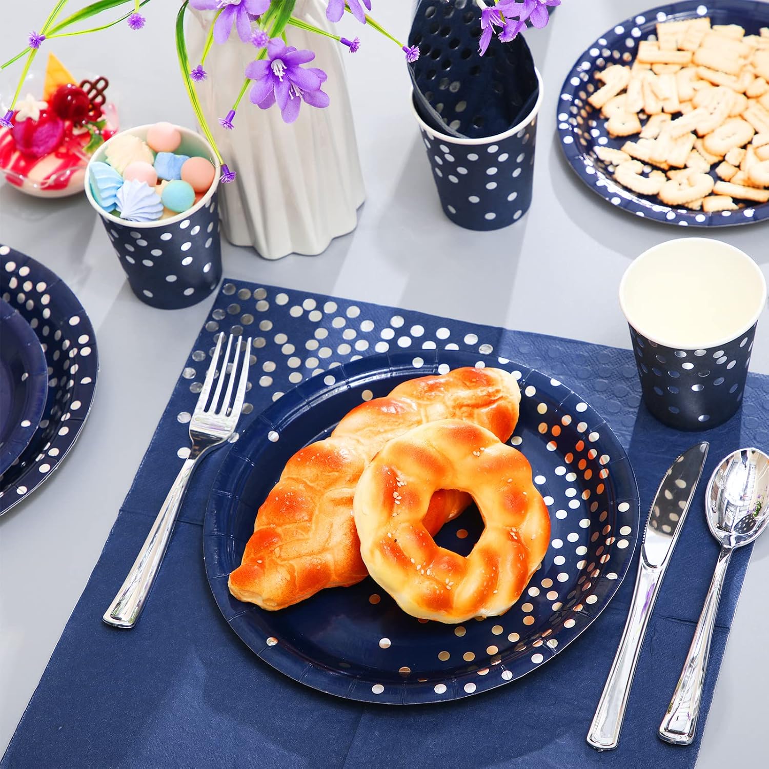 Sieral 560 Pcs Navy Blue and Gold Party Supplies for 80 Guests Disposable Dinnerware Set Navy Paper Plates Napkins Cups Forks Knives Spoons for Birthday Wedding Graduation Decorations(Blue and Silver)