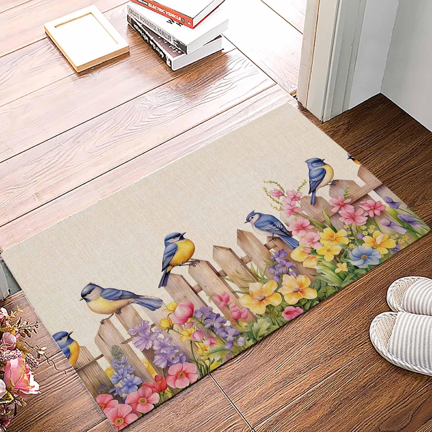 Libaoge Spring Summer Welcome Door Mat Rural Bluebirds Flowers Fence Front Doormats Farmhouse Rural Non-Slip Door Mat Entrance Mat Indoor Rug Washable Floor Mat for Kitchen Bathroom Bedroom 20x31.5in