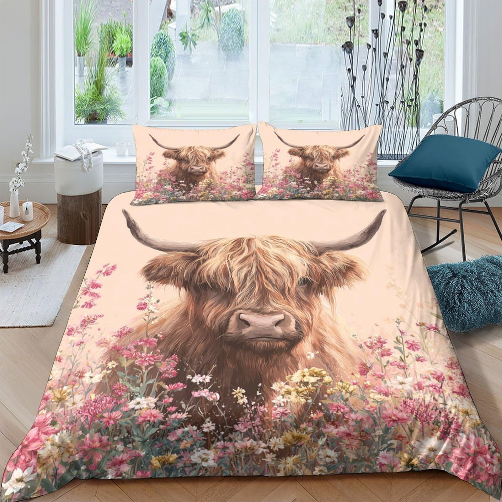 Ctjqhvkz Style-7 3D Printed Highland Cow Fitted Sheet Microfiber Floral Meadow Bed Cover Non-Slip Machine Washable For Bedroom Guestroom Single（135X200cm）