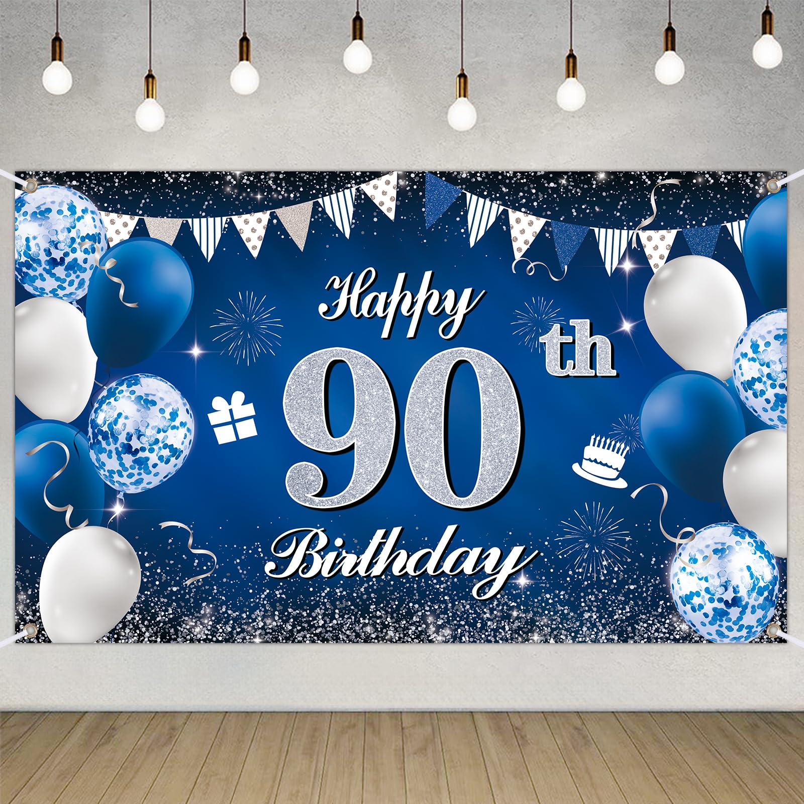 Happy 90th Birthday Decorations Blue Birthday Banner for Party Backdrop for Men Women Party Decoration Supplies