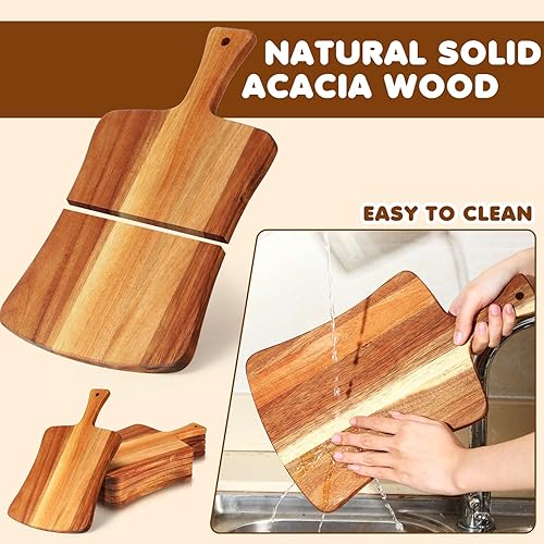 Miniatura 3 de Layhit Paquete de 6 tablas de cortar de madera de acacia gruesa de 14 x 8.7 pulgadas, tabla de servir de madera de doble cara con asa, tablas de