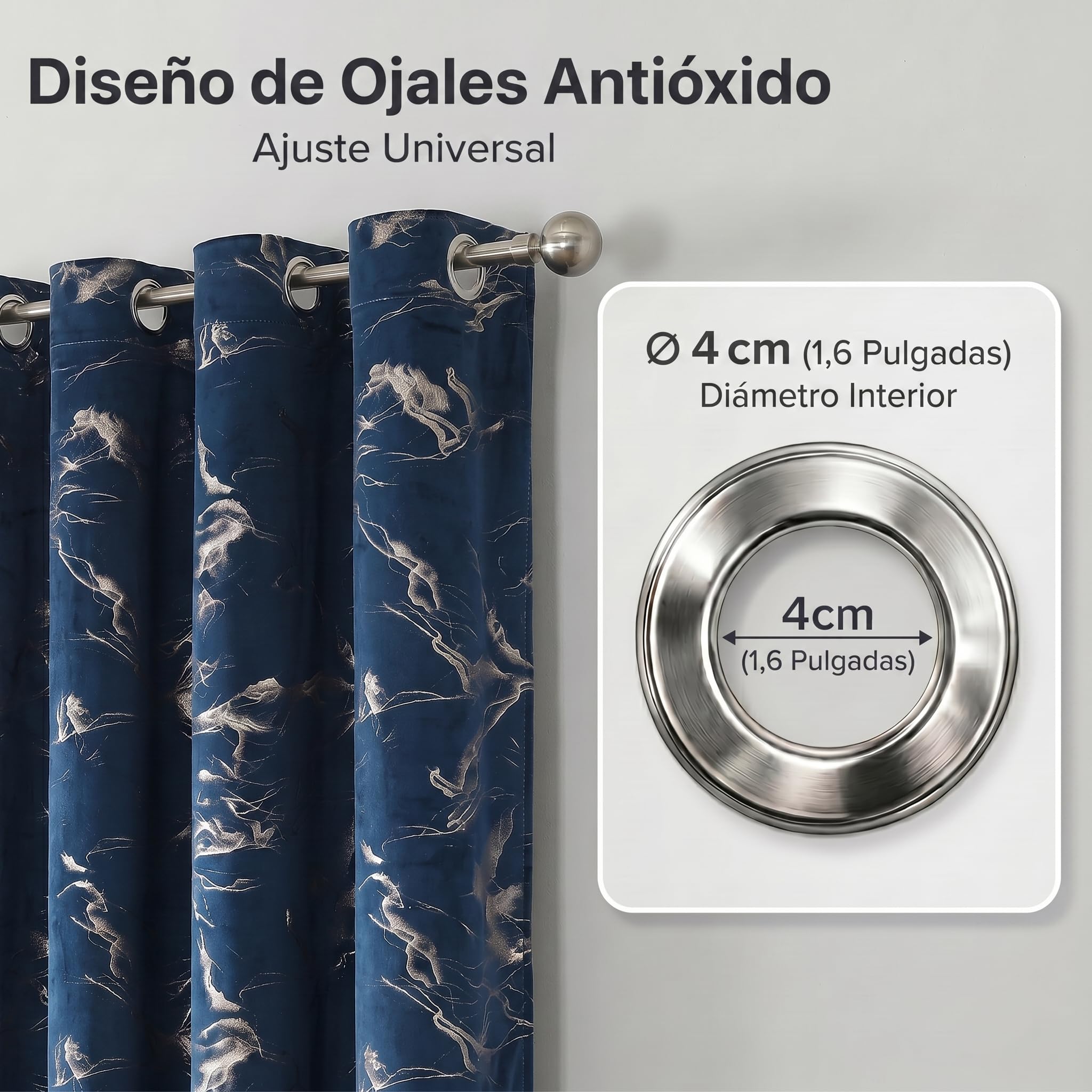 Cortinas Azul Marino Doradas Efecto mármol, H200 x An140 cm, Juego de 2 Paneles, Terciopelo Suave, Cortinas Opacas 85-90%, Ojales metálicos 4 cm, salón Dormitorio Oficina