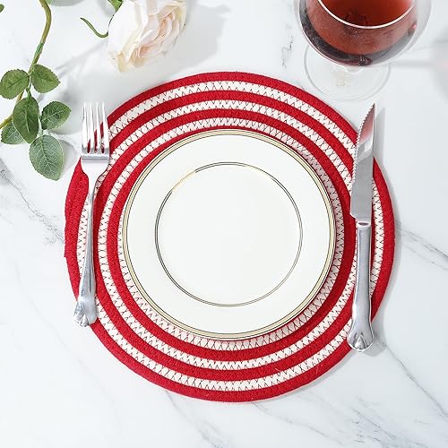 Miniatura 2 de fanquare Juego de 4 manteles individuales redondos con rayas rojas, estilo moderno, cuerda de algodón grueso, trenzada, duraderos, absorbentes, para