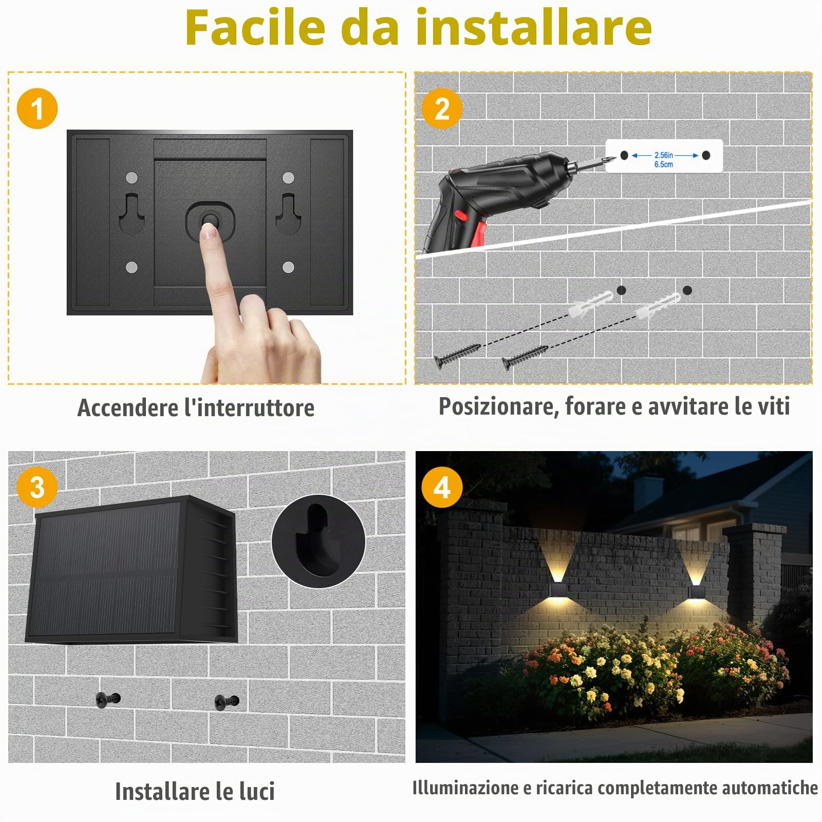 T-SUN Lampada Solare da Esterno 4 Pezzi, Applique da Esterno Solare Angoli Del Fascio Superiore e Inferiore 3000K Bianco Caldo, Luci Solari da Giardino Impermeabile per Recinzione da Giardino Parete
