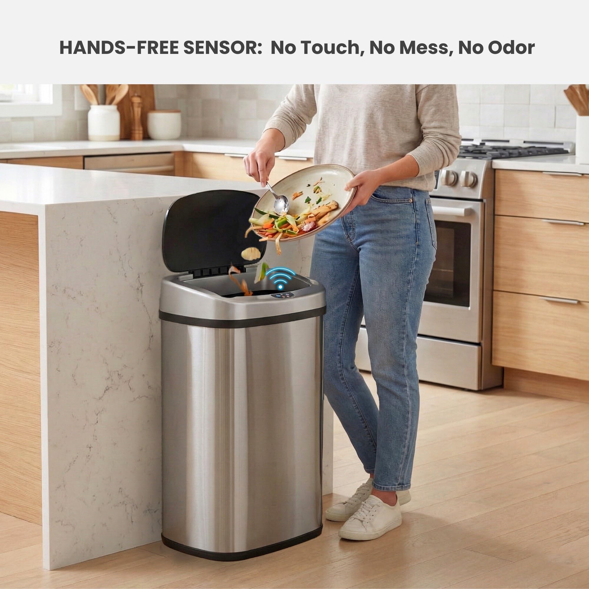 Condition photo showing New/Like New for itouchless patented 13 gallon motion sensor trash can with lid & absorbx odor filter | 50l stainless steel kitchen garbage bin, fits standard bags, long battery life, ac adapter compatible
