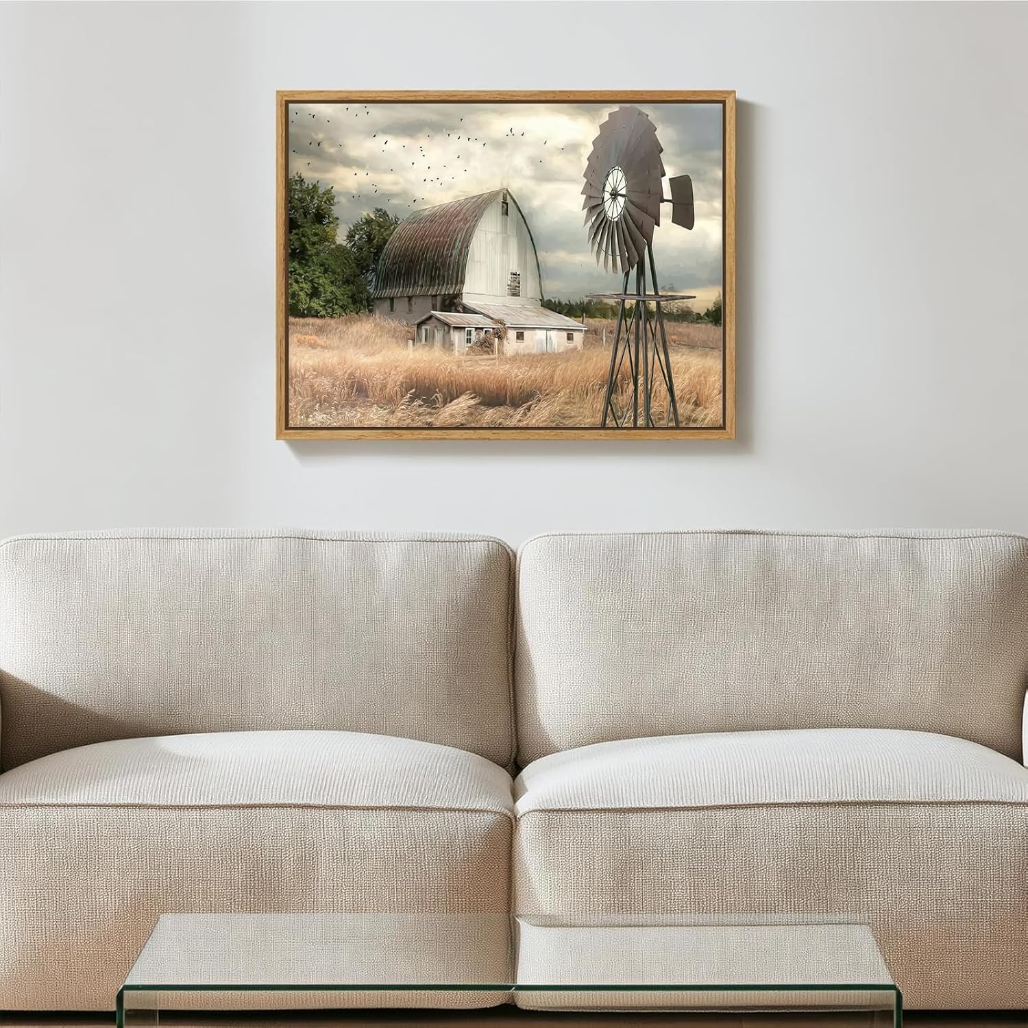 Framed Farmhouse Canvas Wall Art Old Barn and Windmill Print Wall Decor Vintage Rustic Pictures Artwork Country Farm Painting Poster Prints for Living Room Bedroom Bathroom 16x12 in Canvas