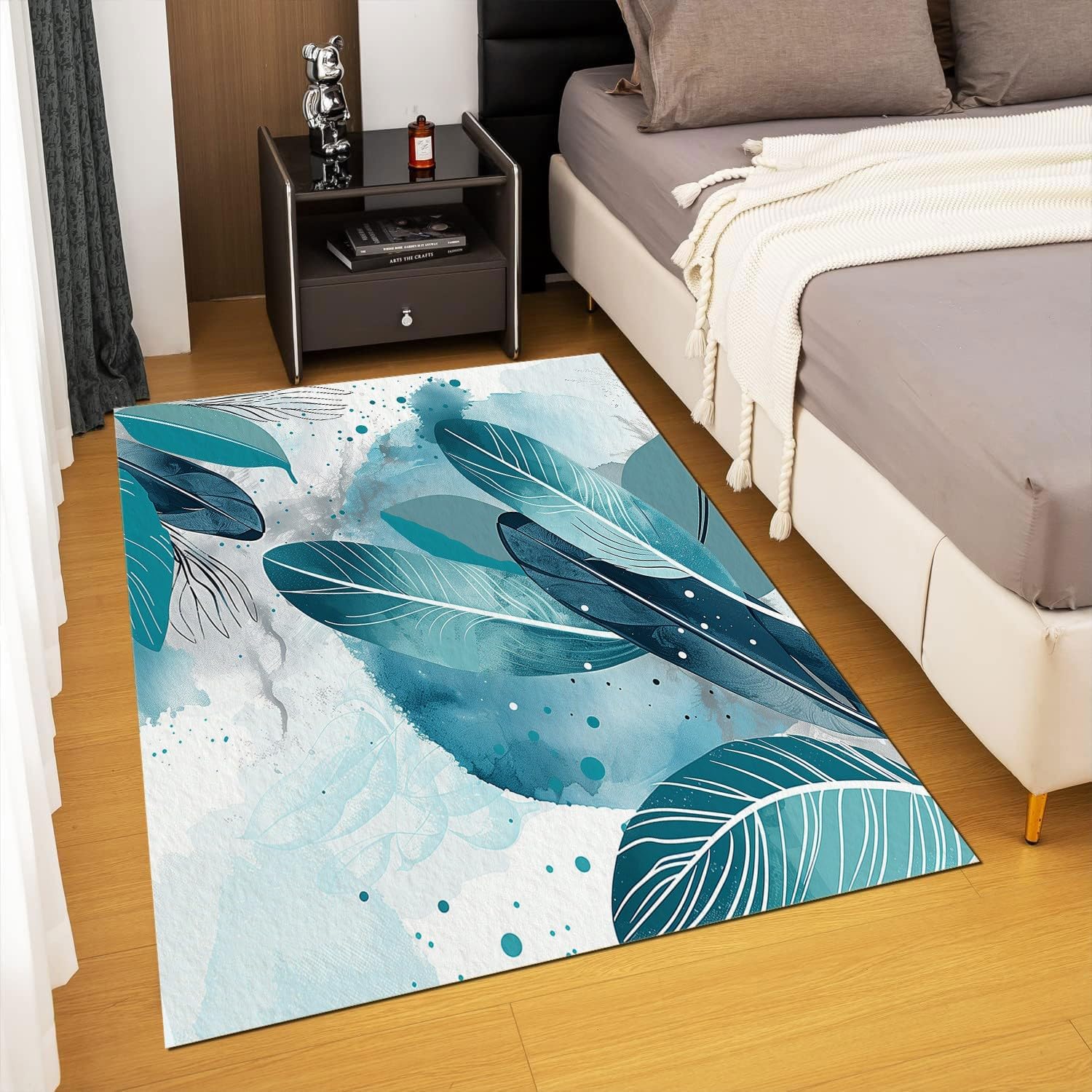 Plant Leaves with Striped Feathers Rug 2x3 Rug Area Rugs for Bedroom Living Room, Green Patterned Large Rug & Washable Non Slip Indoor Floor Carpet & Home Decor