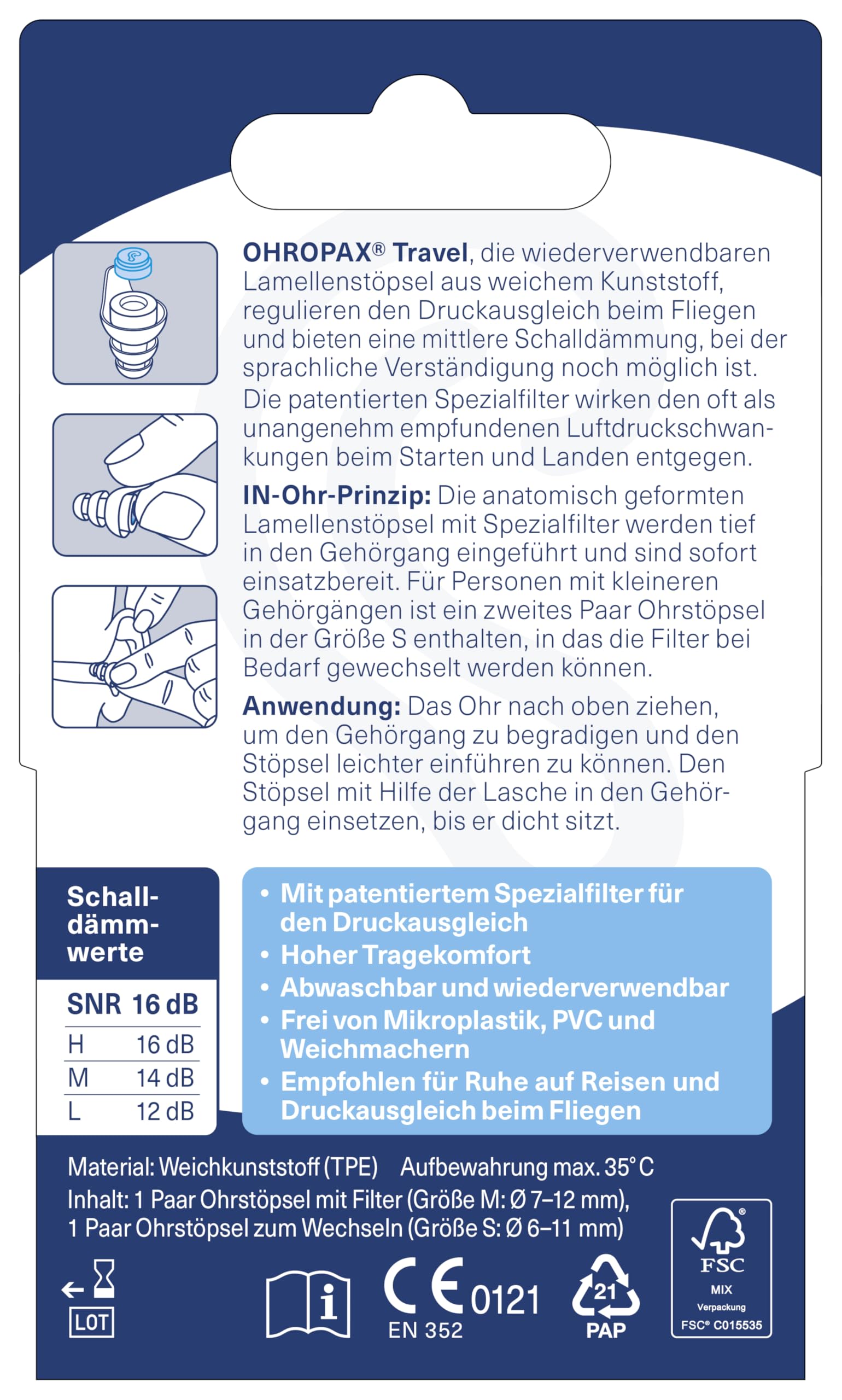 OHROPAX Travel zatyczki do uszu – opatentowany specjalny filtr – reguluje wyrównanie ciśnienia – wartość izolacji akustycznej SNR 16 dB – do podróży i latania – 1 para zatyczek z wbudowanym filtrem +