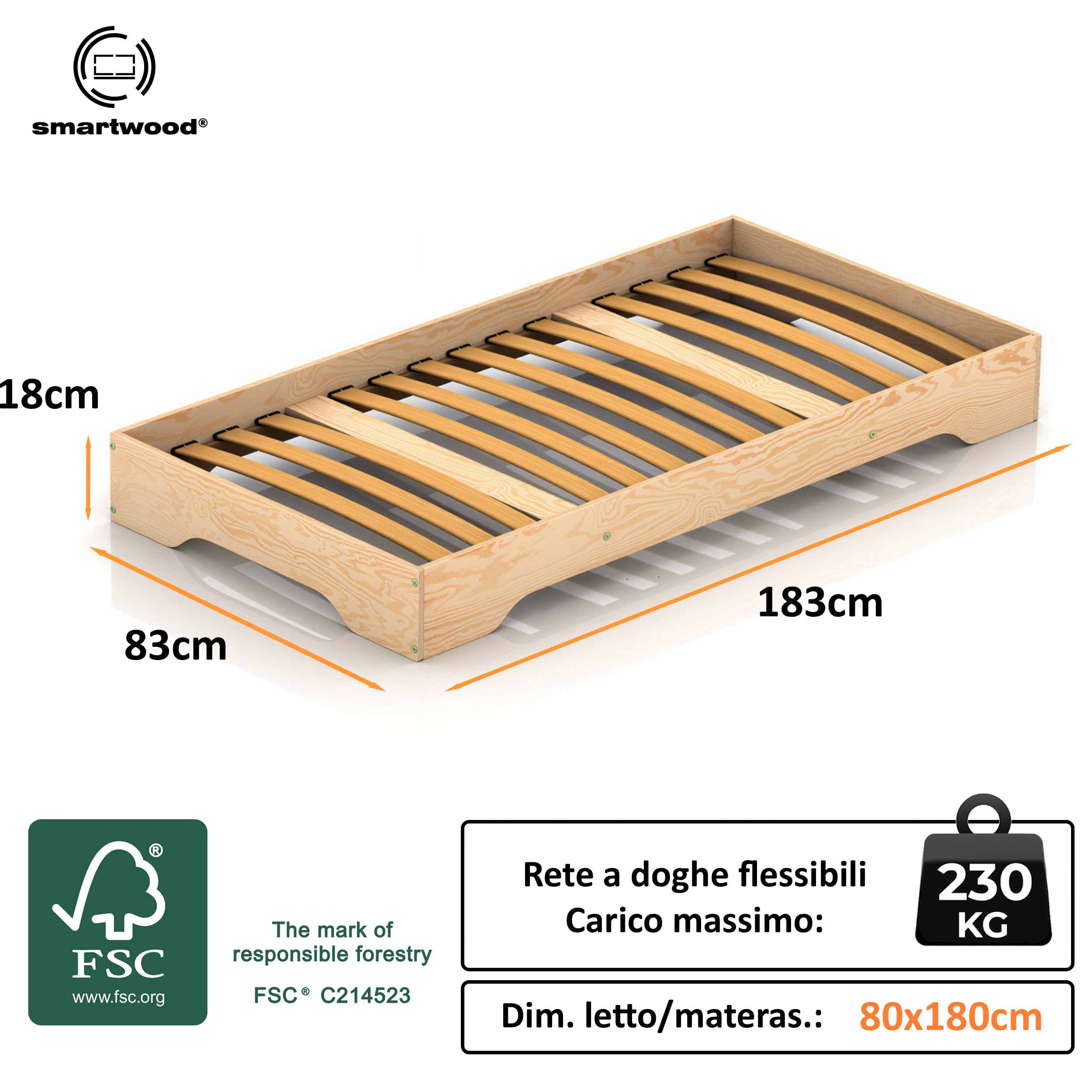 smartwood Lettino Montessori 80x180 cm - Letto Bambini in Legno di Pino certificato FSC con Rete a Doghe - portata 230 kg - Per Bambino e Bambina - Montaggio semplice - TILA 7