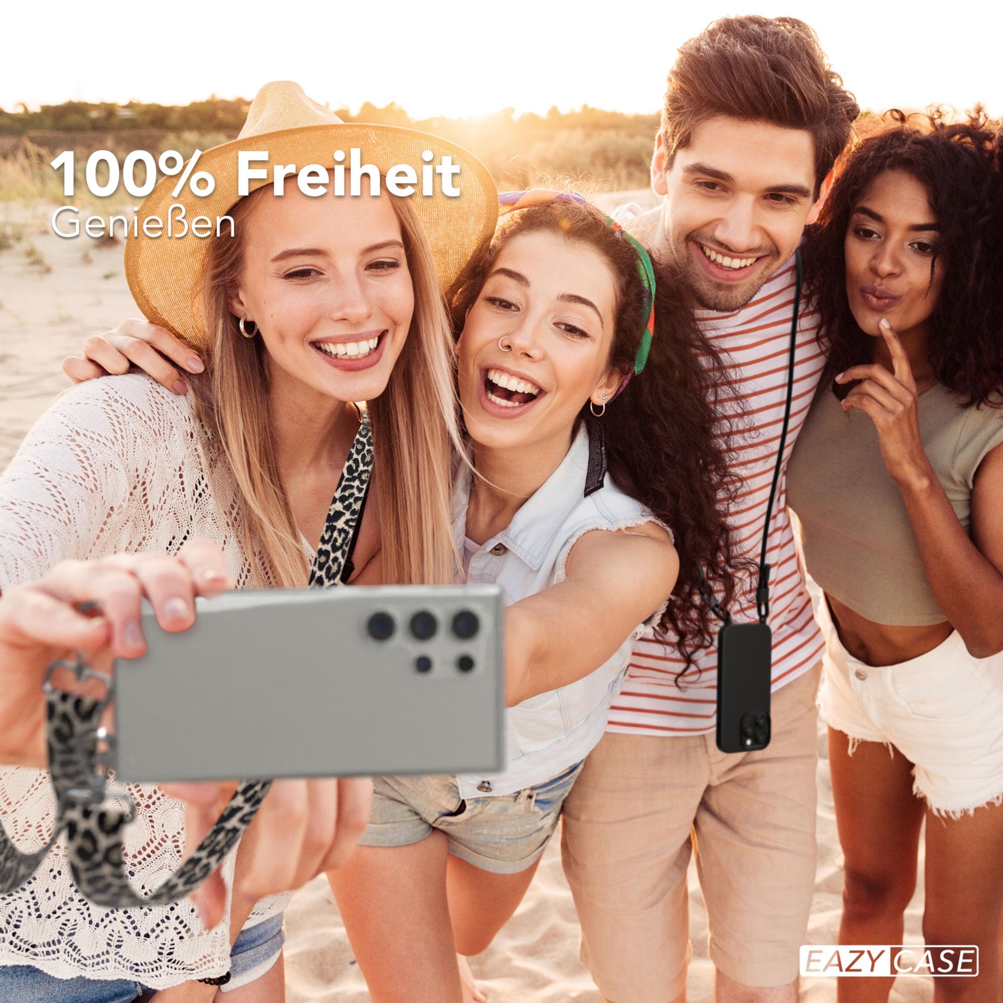EAZY CASE Handykette - Verstellbares Taschenband kompatibel mit Galaxy S24 Ultra, Schulterriemen, Handykordel mit Silikon Hülle, Umhängetasche, Leo - Schwarz Beige Silber