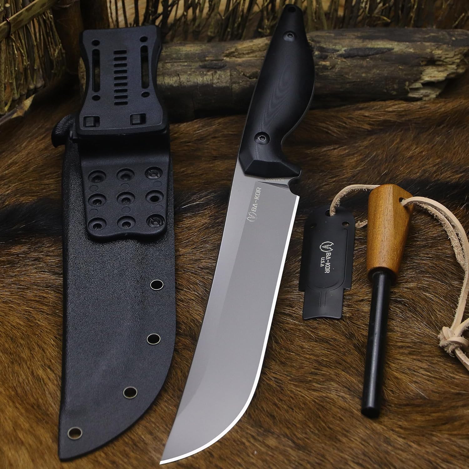 BA-KOR 5MM (9CR18MOV) steel 12.8'' full tang Hunting knife +K sheathing &5.9" cerium igniter can be used outdoors for outdoor hunting, camping, obstacle clearing, wood chopping, BBQ, fishing, kitchen cutting, EDC tools, gifts