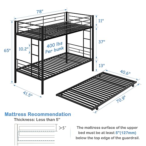 Miniatura 2 de VECELO Litera individual sobre cama individual con nido, literas de metal con escalera y barandilla de longitud completa, sin ruido, no necesita