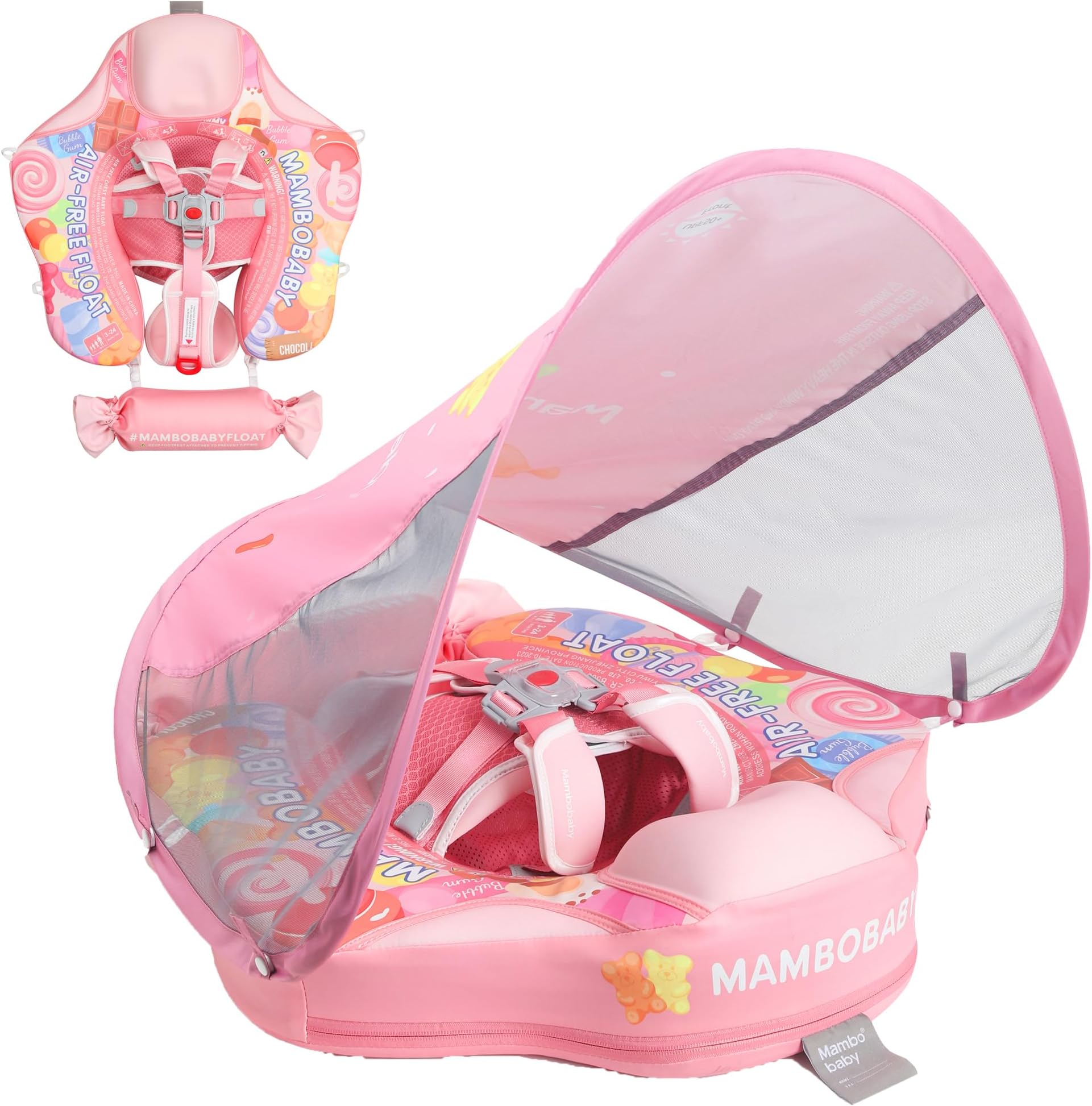 Mambobaby Float with Canopy Removable Baby Swimming Pool Float Non Inflatable Baby Safety Float Upgraded Tail Soft Skin-Friendly Material Swim Float for Toddler Infant 3-24 Months, Candy