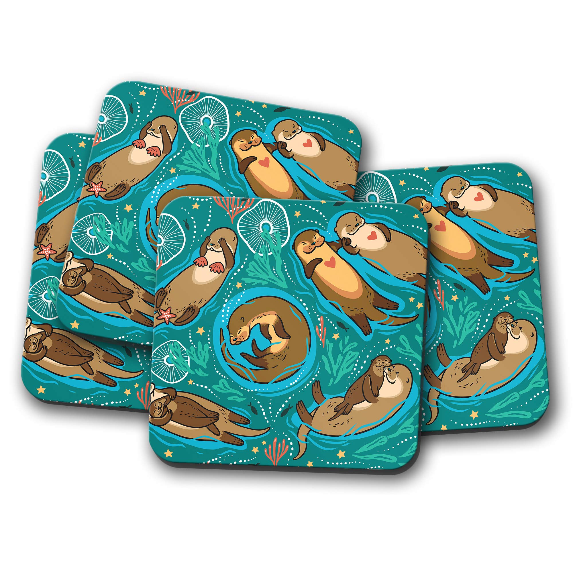 Destinationvinyl Multicolor 4 Set - Cute Cartoon Otters Coaster - Love Animal Kids Mum Auntie #14984