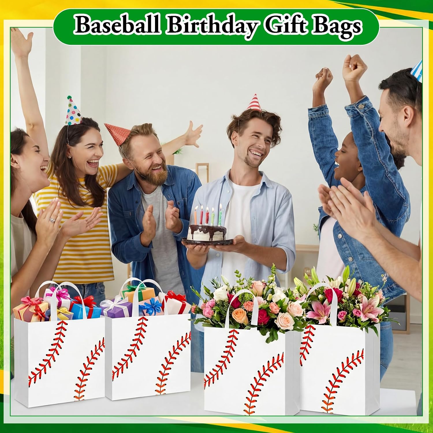 Locmeo 15 Pcs Baseball Gift Bags with Handles Reusable Goodie Treat Non Woven Tote Bags 12.6"x5.1"x11" Large End of Season Party Favors for Senior Night Coach Appreciation Gifts