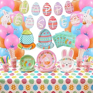 162Pcs Easter Paper Plates and Napkins with Tablecloth Cups Tableware Set - Colorful Eggs Hunt Party Decorations , Serve 24 Guests