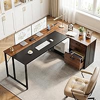 AODK 61" L-Shaped Corner Desk with Lockable File Cabinet, Wood Drawers, 21.7" Deep Desktop & Power Outlets - Reversible Walnut Home Office Desk