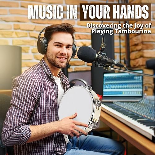 Miniatura 41 de Flexzion Pandereta redonda de madera para niños y adultos de 10 pulgadas de una sola fila, 8 pares de jingles, instrumento de percusión de mano rojo