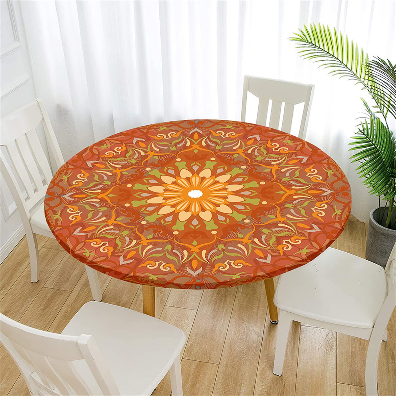 FANSU Round Tablecloths for Circular Table, Mandala Printed Wipe Clean Table Cloths Wipeable Waterproof Table Cover Fitted Elastic Edged for Garden Outdoor Party (Diameter 160cm,Orange heart)