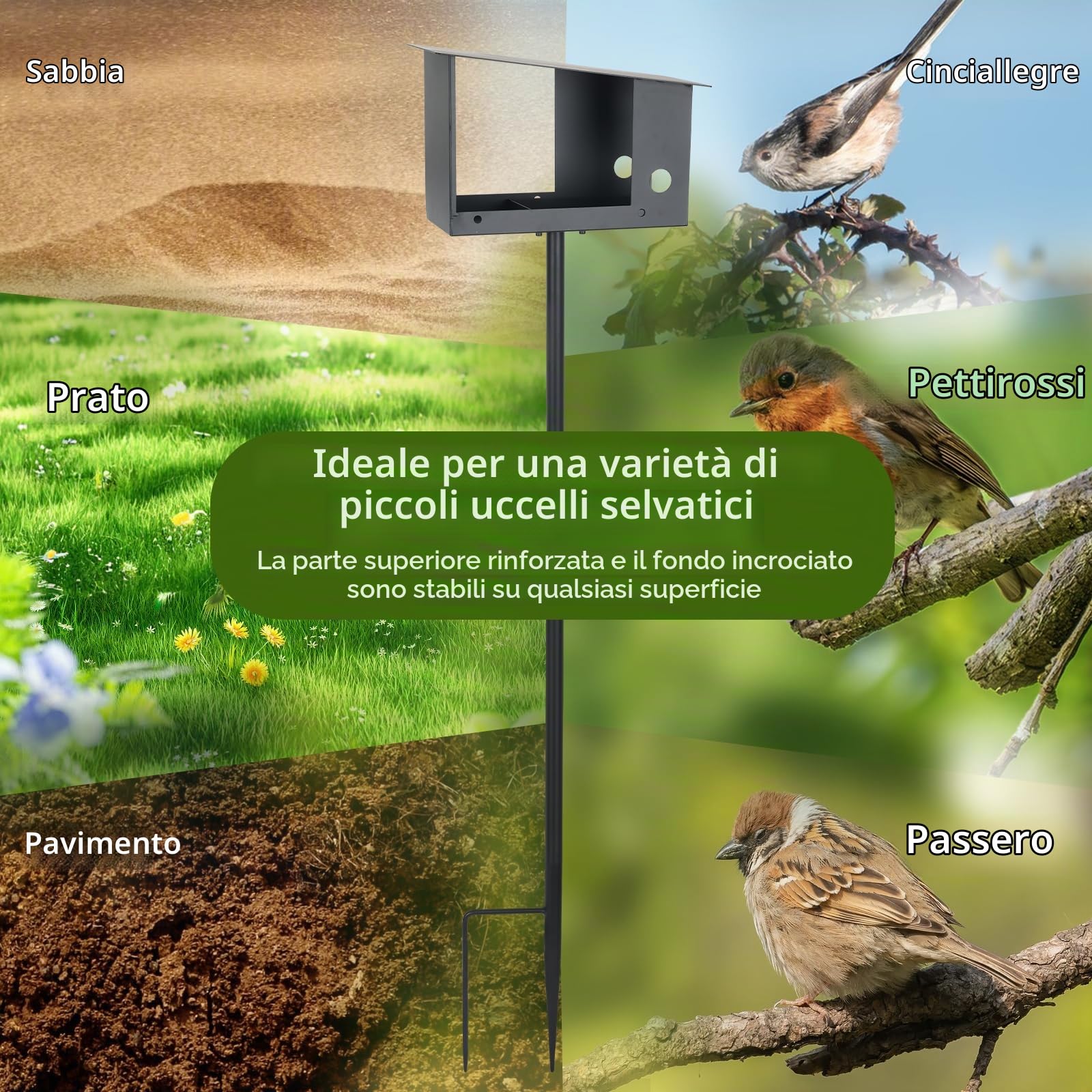 Casetta per uccelli con supporto, resistente alle intemperie, in metallo, per uccelli, 3 in 1, con tetto in metallo resistente alle intemperie, stabile mangiatoia per uccelli da giardino