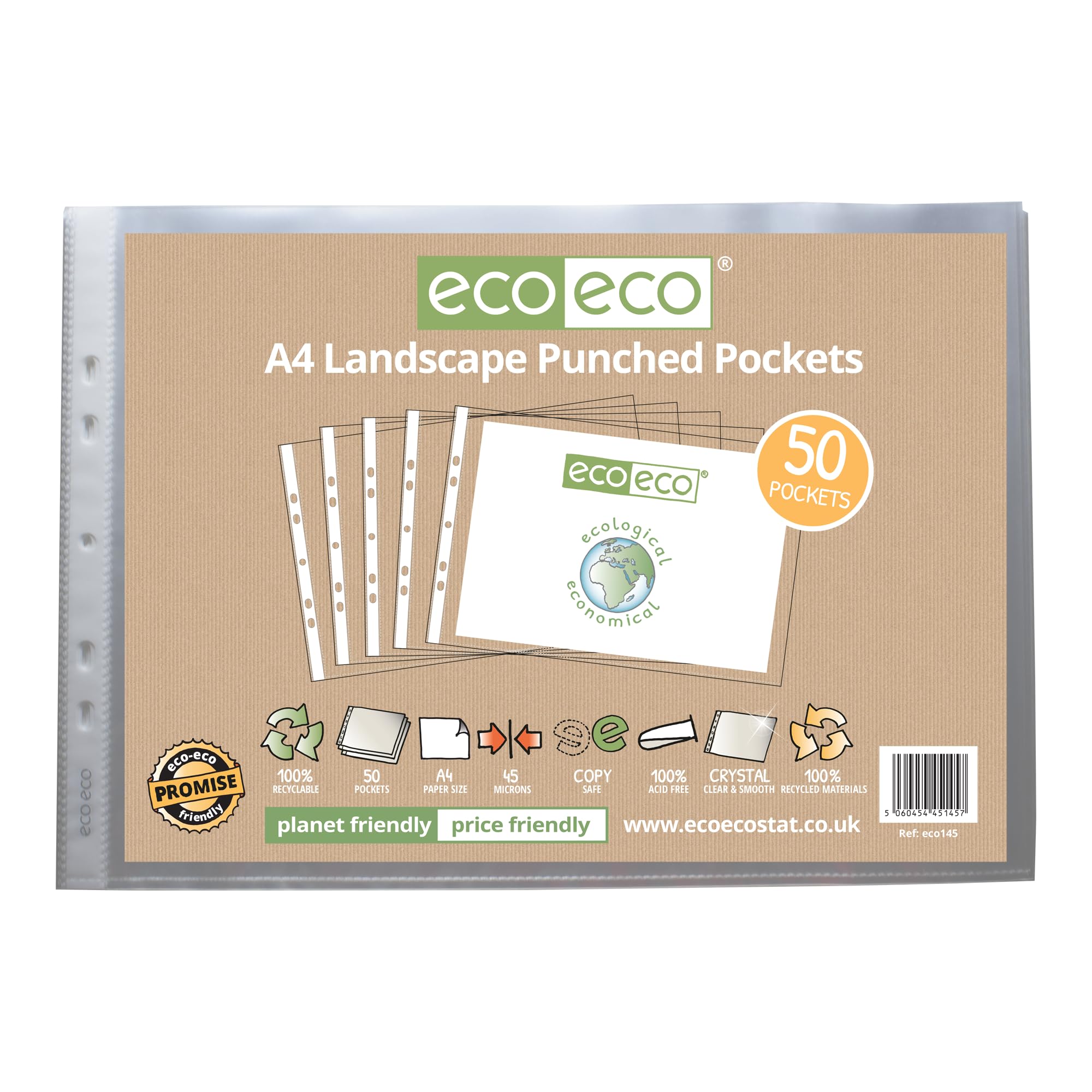 eco-eco Buste trasparenti formato A4, 100% riciclate, orizzontali, multi perforate, in poliestere, 45 micron (10 confezioni da 50), eco145 x 10