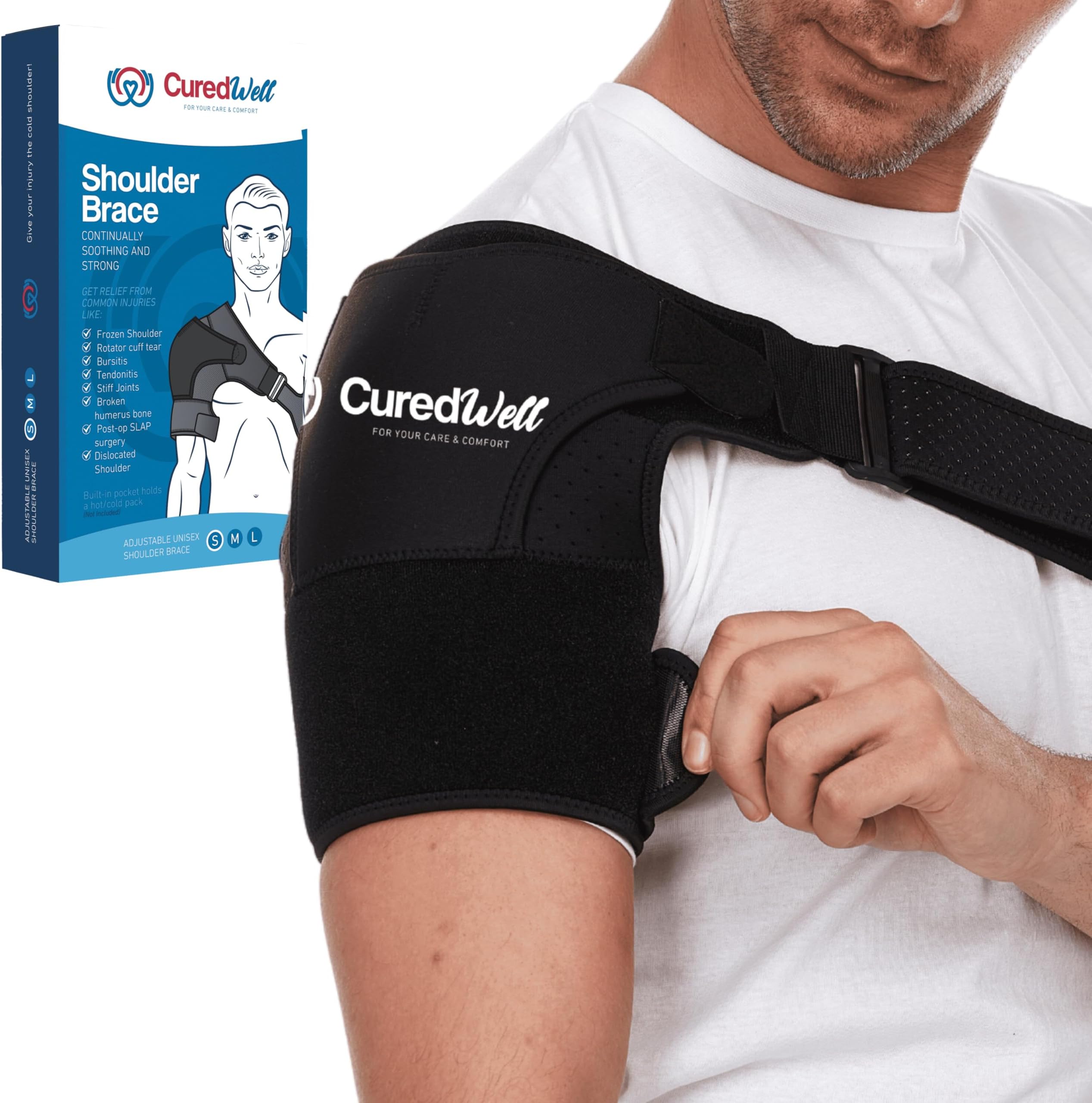 Shoulder Brace for Women & Men – Shoulder Compression Sleeve for Rotator Cuff Relief – Left/Right Support Brace with Pocket for Hot/Cold Pack – Adjustable Sling, Small