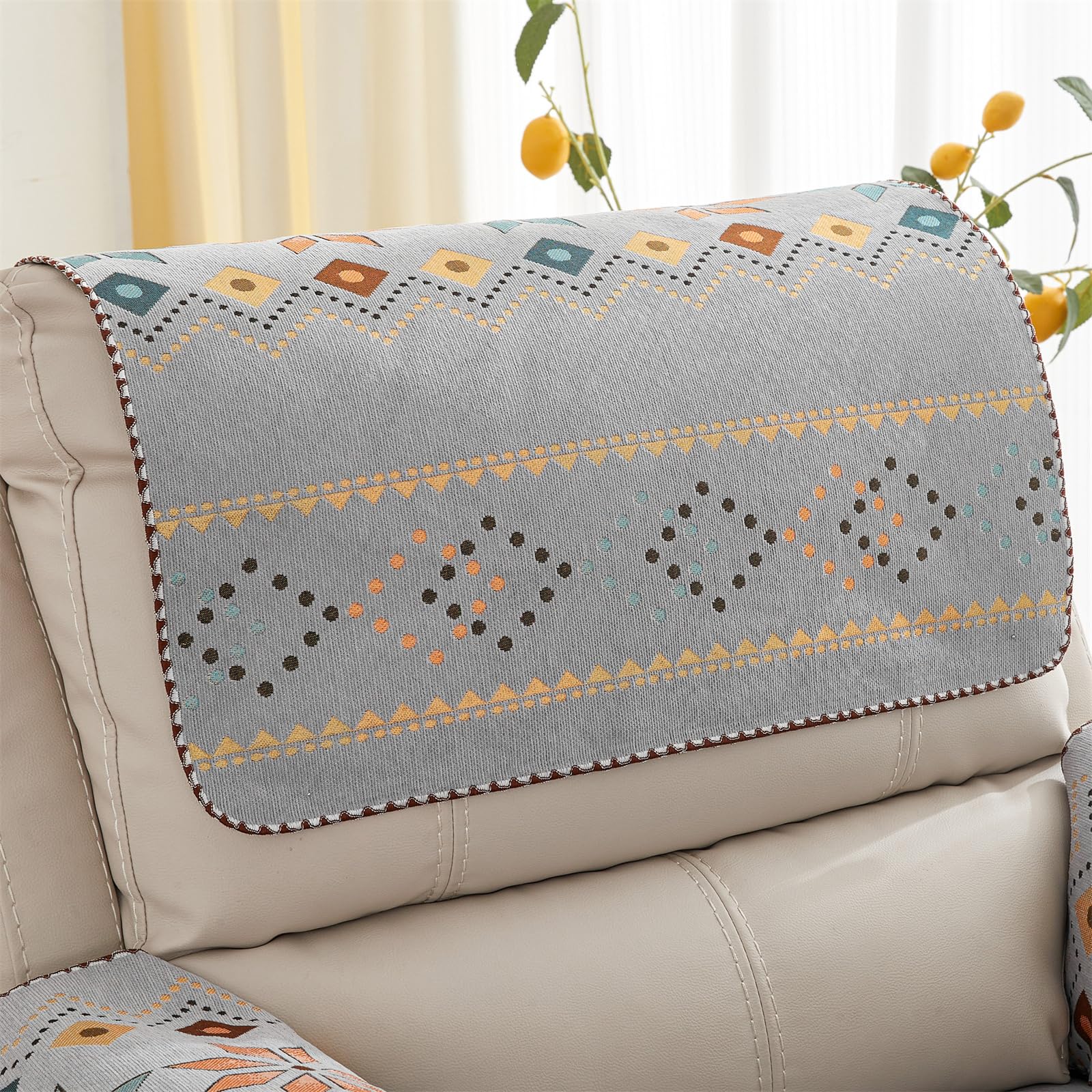 XDKS Anti-Slip Recliner Headrest Covers, Chair Head Covers Sofa Headrest Leather Protector, Plant Print Chenille Sofa Slipcover (Grey,60x76cm)