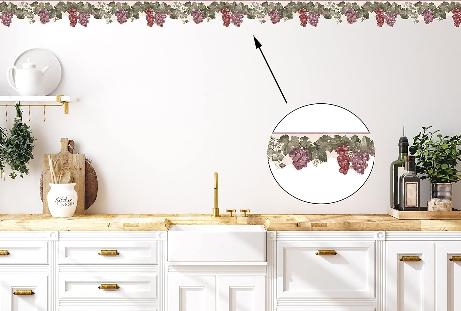 CONCORD WALLCOVERINGS ™ Wallpaper Border Fruit Pattern Grapes Leaves, Die Cut Edge for Cottage Kitchen Dining Room, Cream Green Purple, 15 ft by 7.5 in BB75958DC