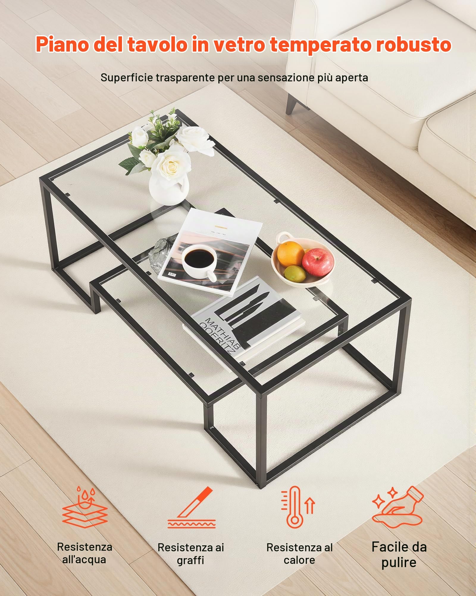VEVOR Tavolino da Caffè da 100 x 51 x 46 cm in Vetro e Metallo Temperato con Due Livelli e Spazio di Archiviazione Aperto, Tavolino da Salotto Moderno con Struttura per Soggiorno Ufficio Nero