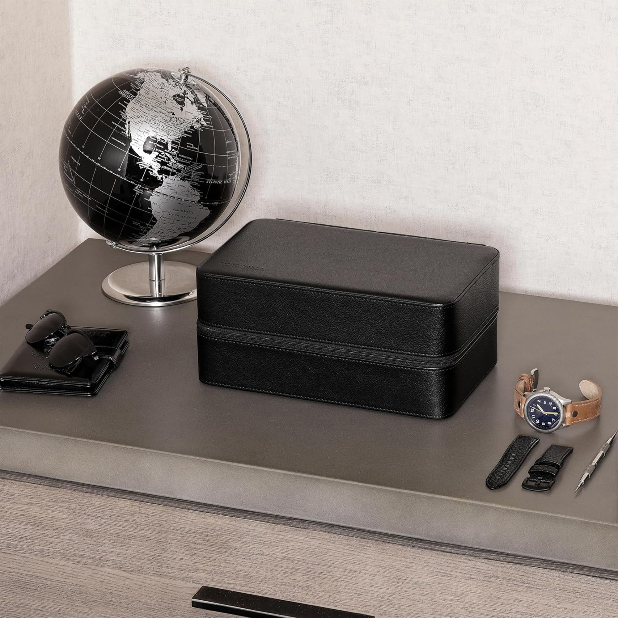 ROTHWELL Custodia da viaggio per 8 orologi, per 8 orologi, 2 paia di occhiali da sole, anelli e gemelli, resistente protezione portatile con cerniera, adatta a tutti gli orologi da polso e smartwatch