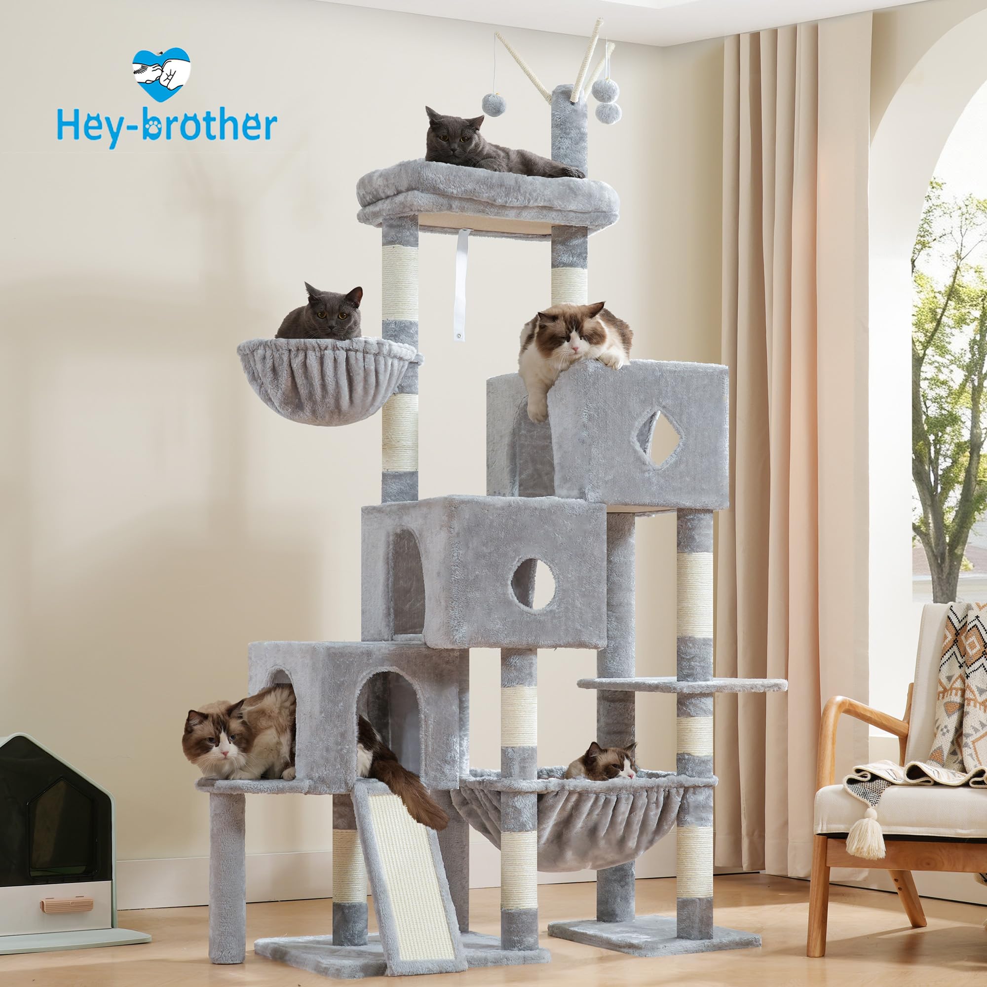 Hey-brother Albero per Gatti, 160 cm Tiragraffi per Gatti, con 3 cucce, amaca grande, piattaforma superiore spaziosa e pannelli in iuta naturale, Arredamento interno per gatti, grigio chiaro MPJ081W