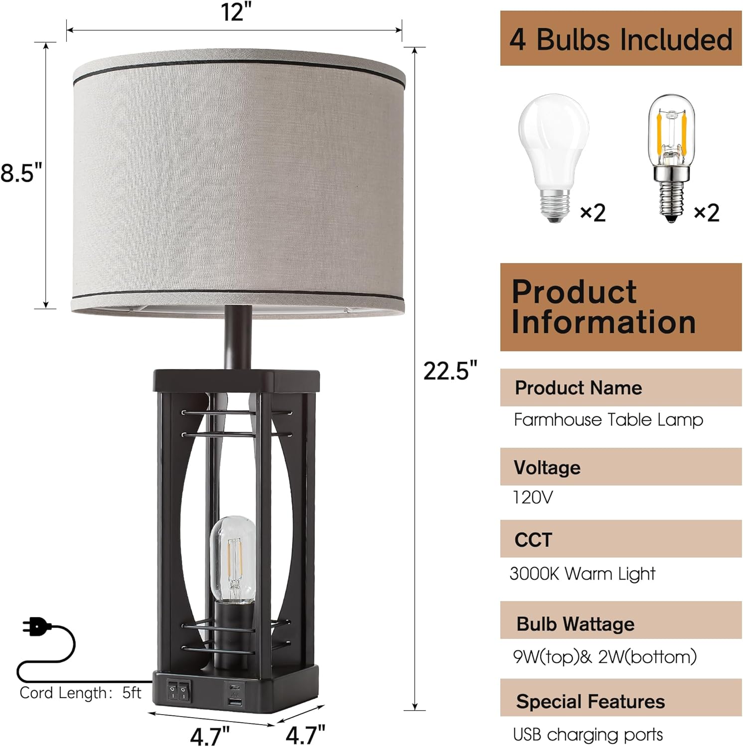 Farmhouse Table Lamps Set of 2 for Living Room, Rustic Nightstand Lamps with USB A+C Charging Ports, 22.5" Dual Light Industrial Bedside Lamp with Linen Shade for Bedroom End Tables