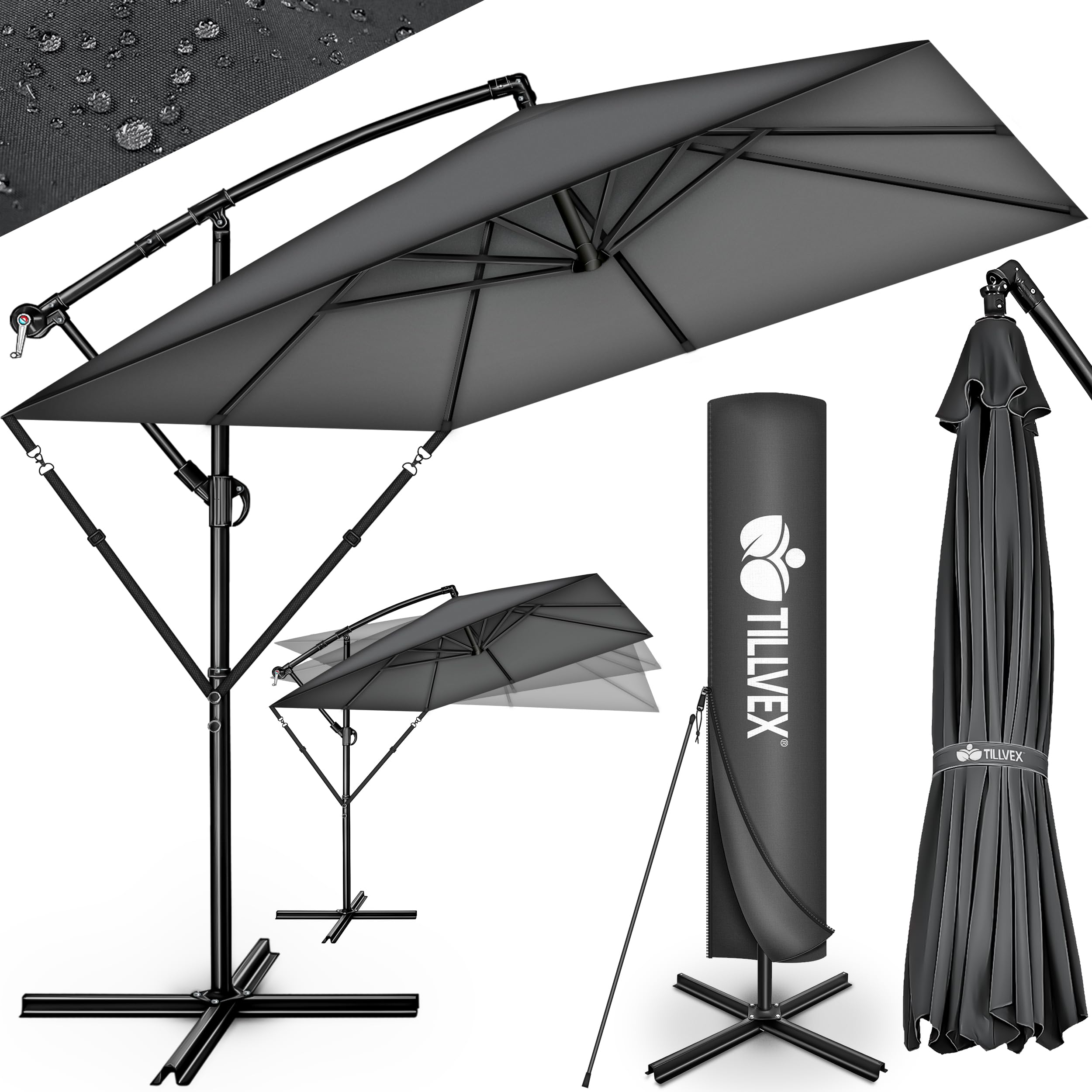 Tillvex Charcoal Tillvex® Rectangular Aluminium Parasol, Diameter 330 Cm + Cover With Crank, Rectangular Parasol With Stand And Wind Protection, Garden Umbrella, Uv Protection, Aluminium, Crank Umbrella, Market