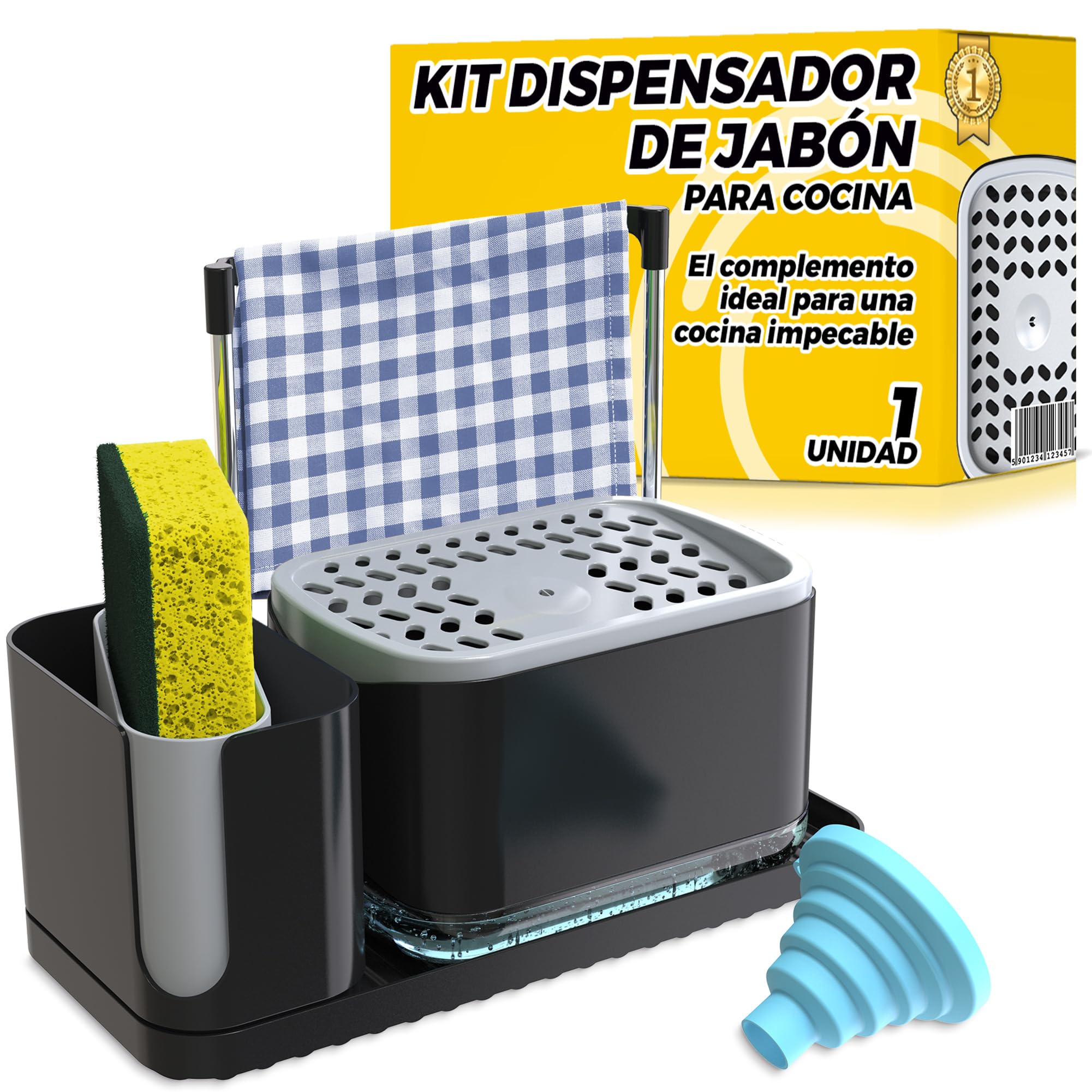 Dispensador Jabón Cocina 3 en 1 Porta Estropajo y Paño de Cocina - Dosificador Lavavajillas para Organizar Fregadero - Encimera Limpia y Ordenada Color Negro