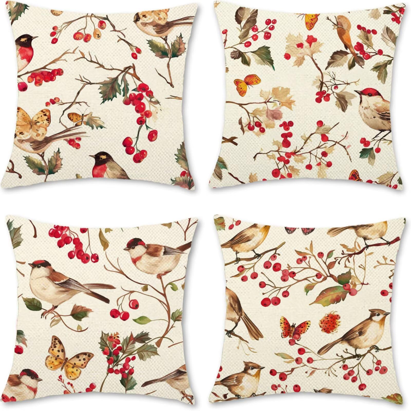 Cojines Para Exterior 60x60cm Juego de 4 PáJaro, Cereza Cojines Decorativos Fundas Cojin Lavables Poliéster Lino Textil Cojin Exterior Impermeable, Para La Decoración Sofás Jardín Silla Dormitorio F-5