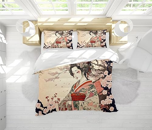 Juego de edredón japonés, estilo retro, hermosa flor japonesa, geisha japonesa, juego de ropa de cama de 3 piezas, ropa de cama suave para todas las
