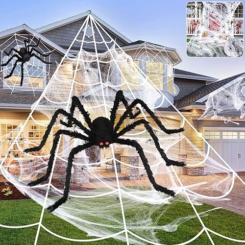 Decoraciones de araña de Halloween, telaraña de 220 pulgadas + araña gigante de 60 pulgadas, telarañas elásticas de 300 pies cuadrados, 25 arañas disponible en Yaxa Peru