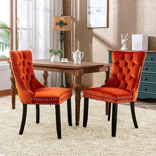 Miniatura 44 de Aoowow Juego de 2 sillas de comedor tapizadas de terciopelo, sillas laterales sin brazos con respaldo de ala, botones y patas de madera maciza para