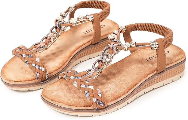 Women's Boho Wedge Sandals Open Toe Elastic Ankle Strap
