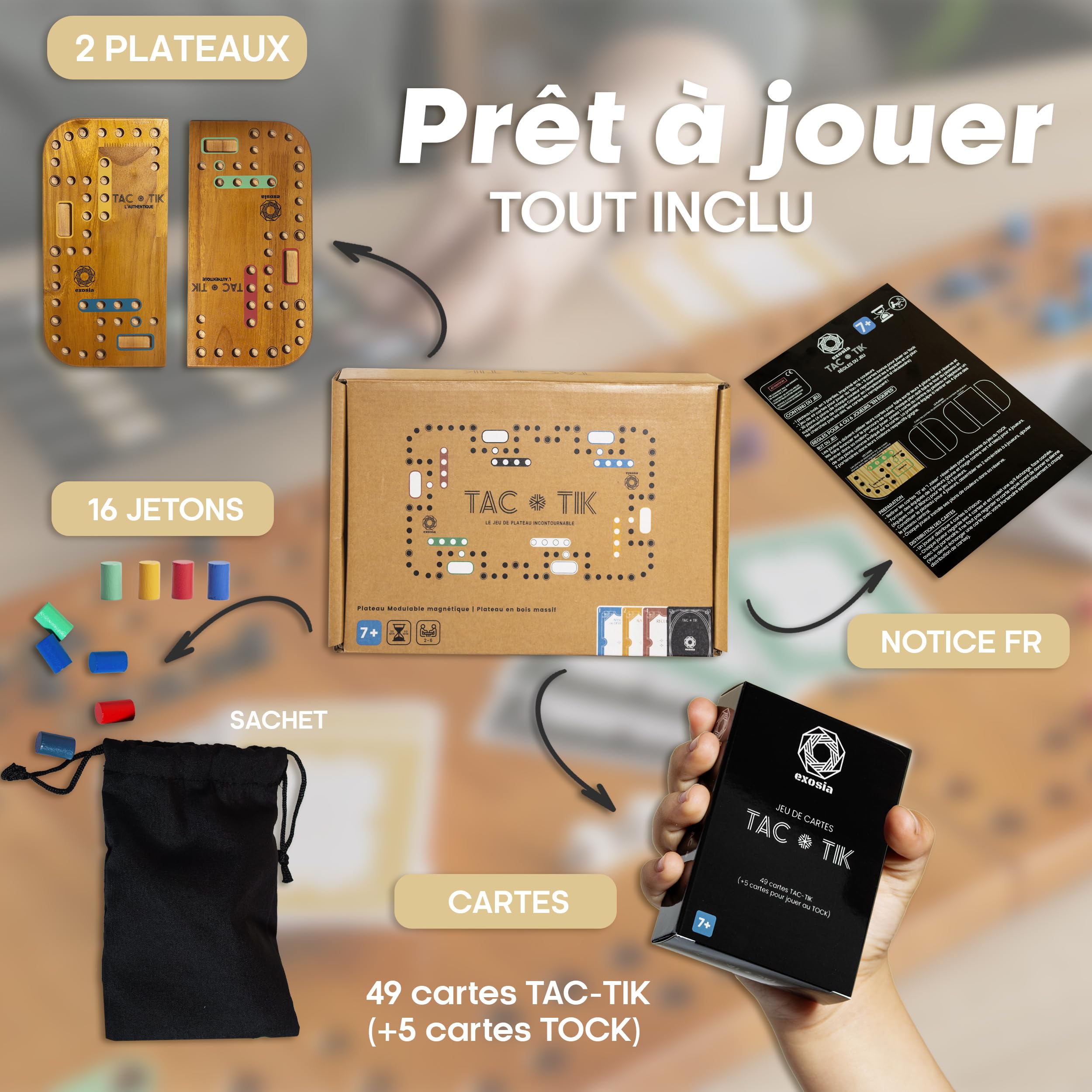 TAC-TIK L'Authentique jeu de société en bois massif d’Hévéa de 2 à 4 joueurs, Plateaux modulables magnétiques, Cartes et instructions en Français pour jouer au jeu de Tock ou TOC, éco-responsable