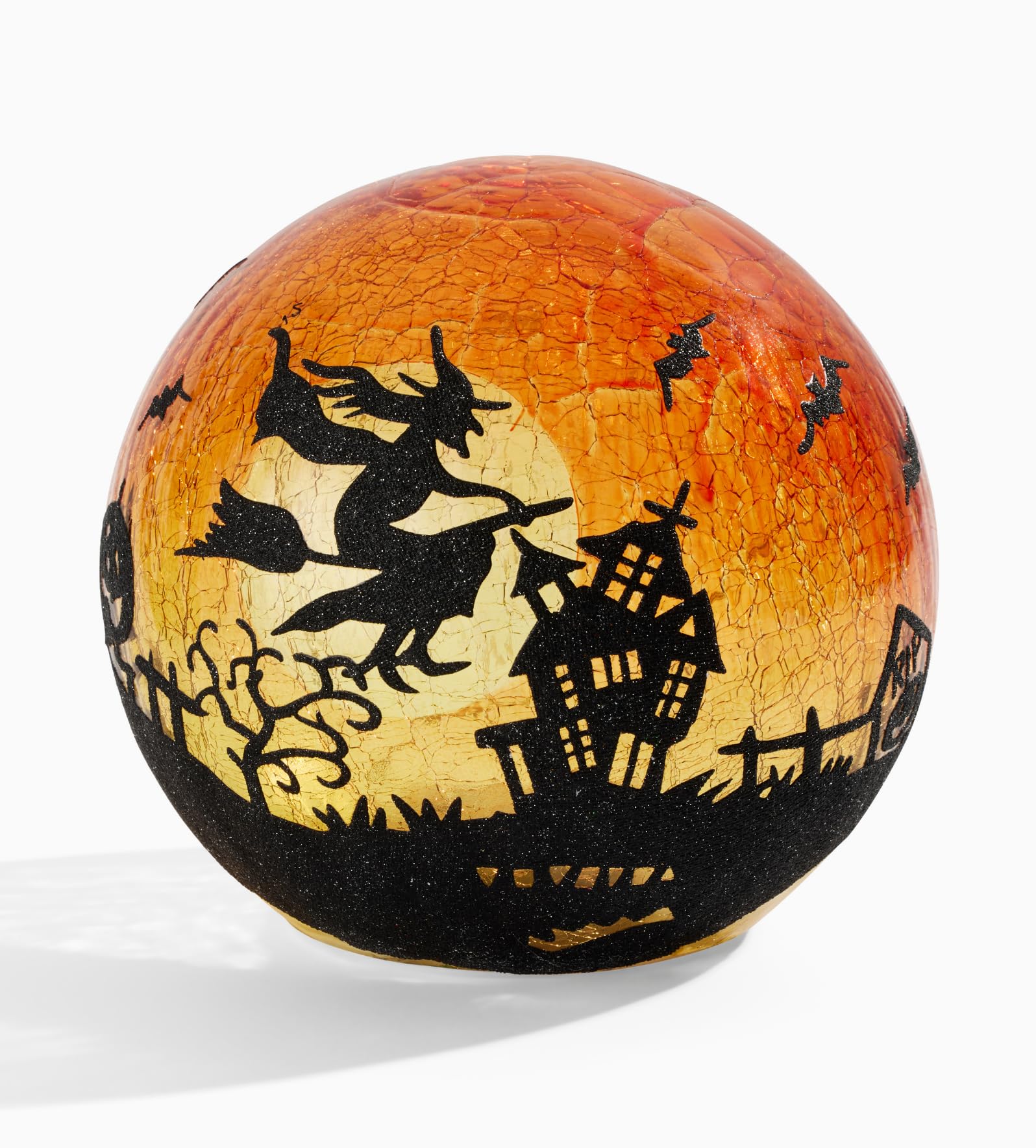 Red Carpet Studios Light-Up Flying Witch LED Crackle Glass Globe Lantern Decoration, Orange and Black, 6" Diameter