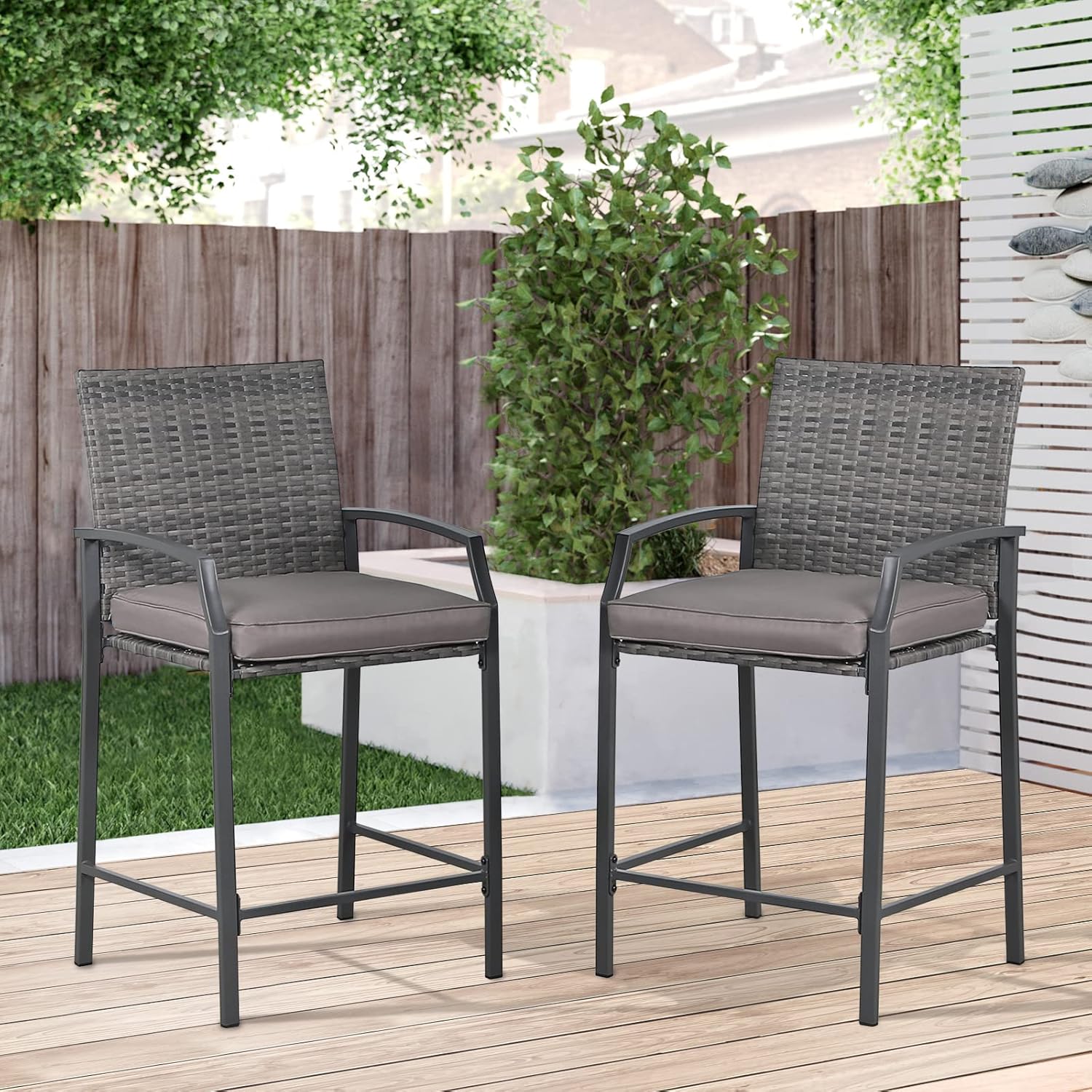 JOIVI Outdoor Wicker Bar Stools Set of 2, Patio Rattan Counter Height Chairs with Cushions, Armrest and Footrest for Indoor, Garden, Poolside, Lawn, Backyard