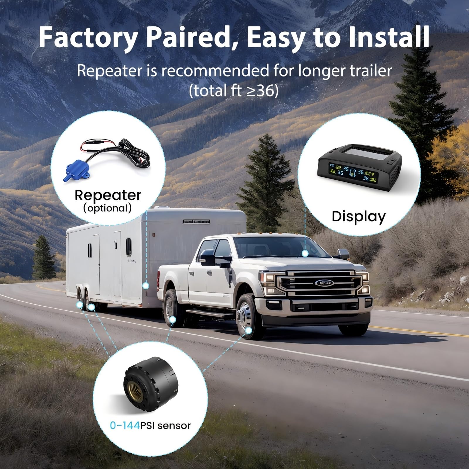 Tymate Sistema di monitoraggio della pressione dei pneumatici per camper, sistema di monitoraggio della pressione dei pneumatici con carico solare, TPMS rimorchio con 4 sensori e 5 modalità di allarme
