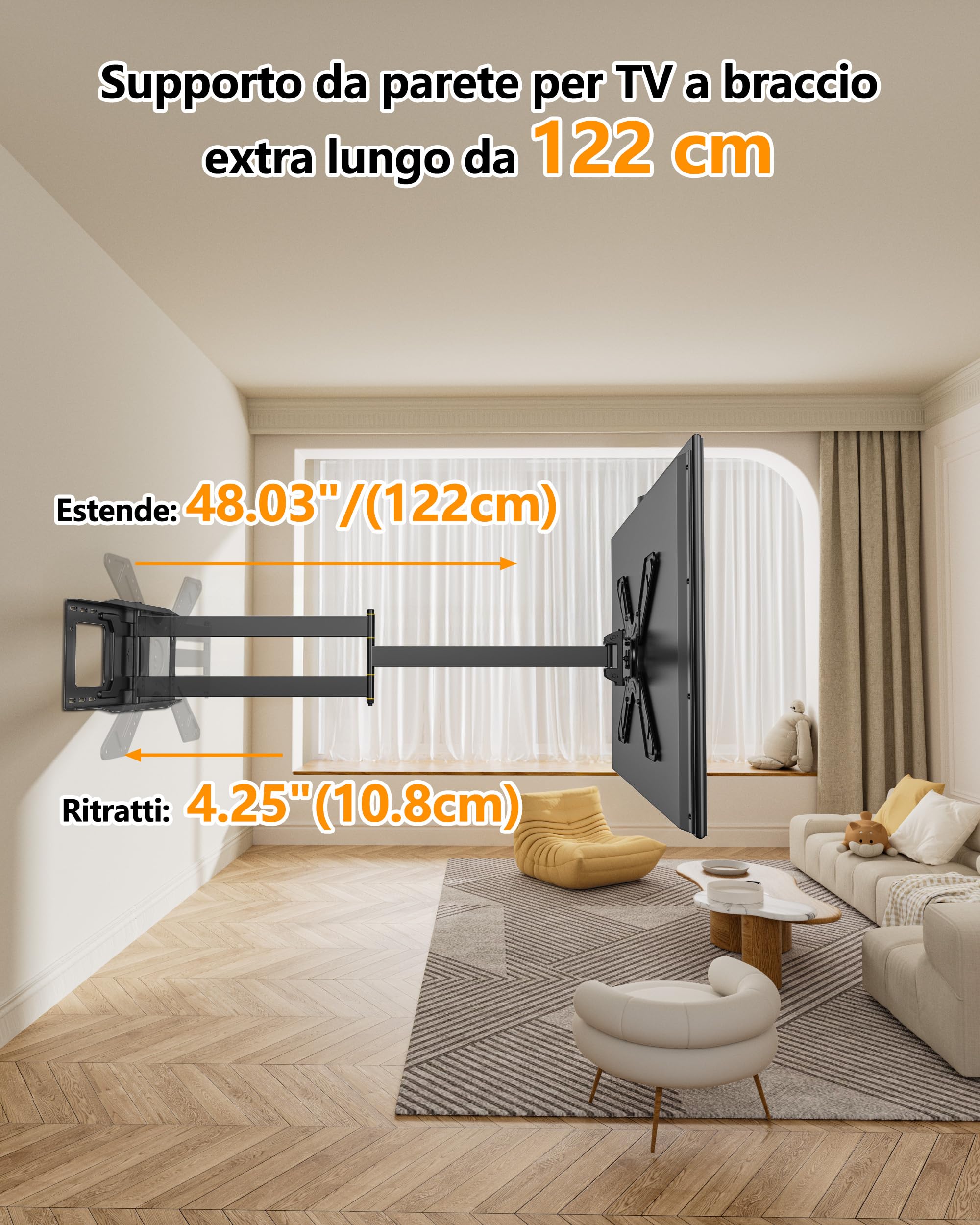 FORGING MOUNT Supporto TV Parete con Braccio Extra Lungo 1220mm per Schermi piatti/curvi da 26-75 Pollici fino a 50 kg, Staffa TV Girevole Inclinabile Orientabile, Max VESA 600 x 400mm