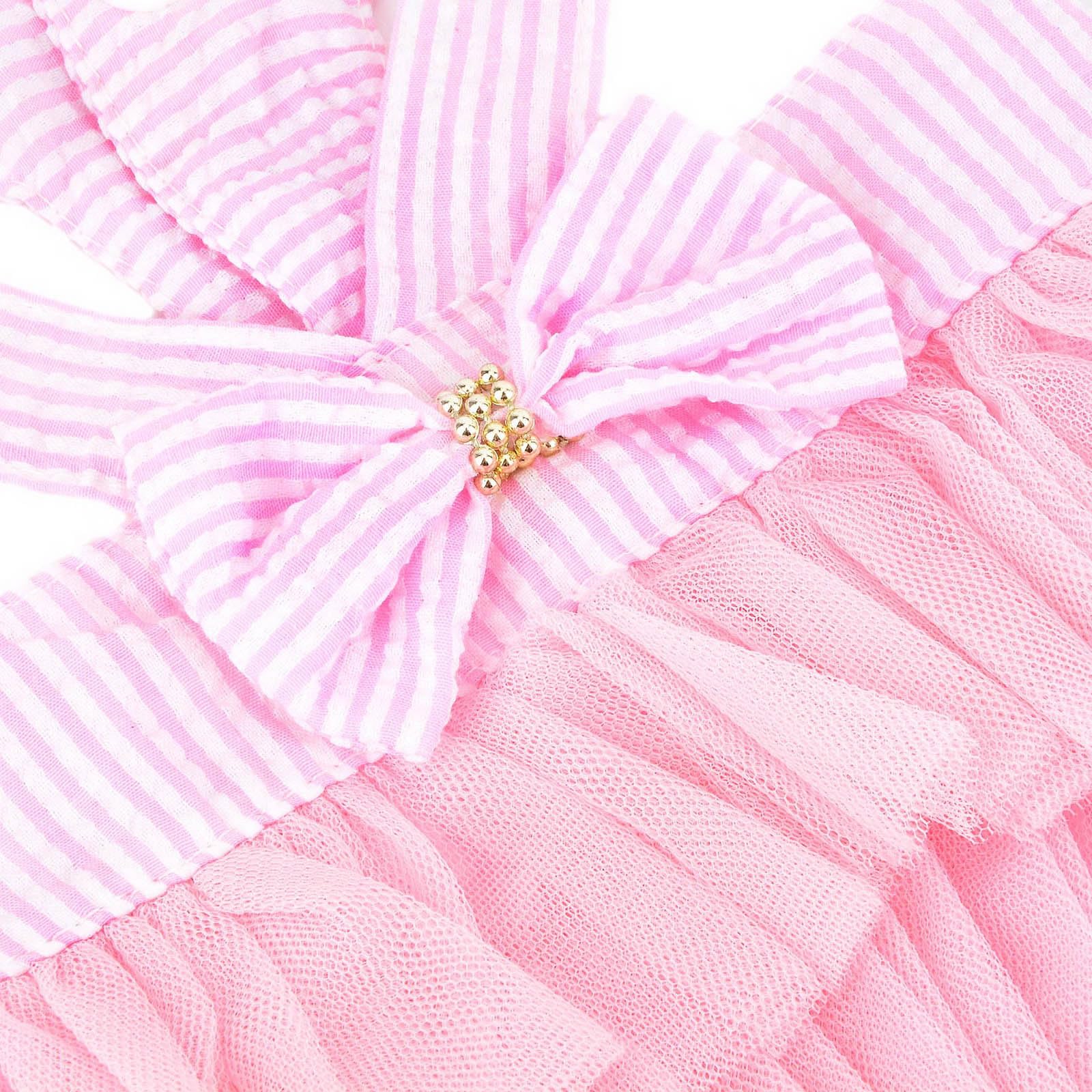PAIDEFUL Robe tutu d'été en denim rayé avec nœud en organza et perles - Doux et confortable - Respirant - Sans manches - Bouton - Rose - Taille L