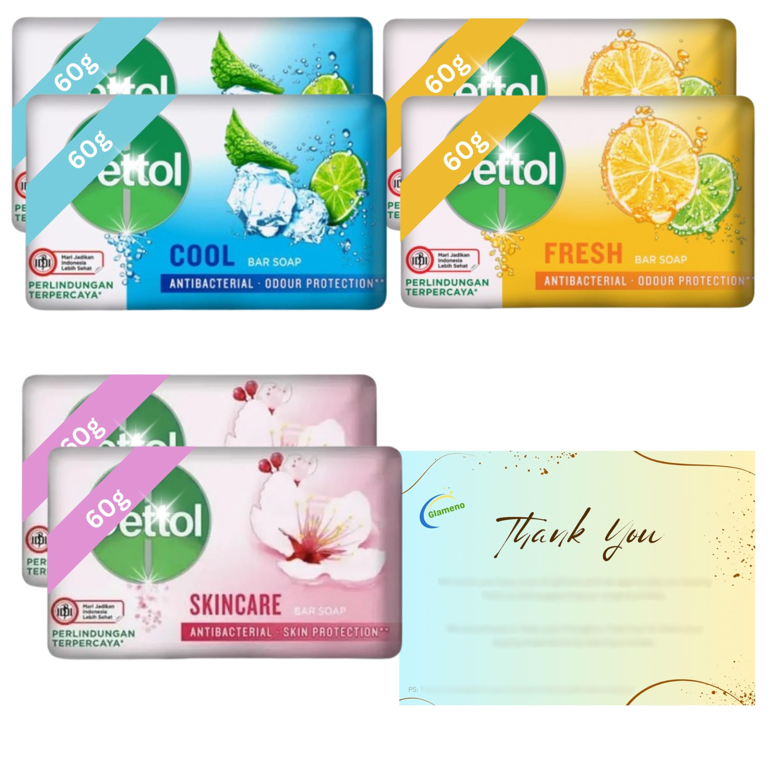 Antibacterial Soap Bundle with 6 Pack Soap Bars (Fresh, Cool and Skincare) 2 x 60g each and Glameno Thank You Card