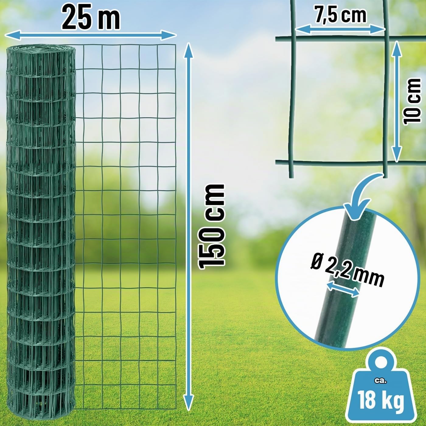VOSS.garden 25m Gitterzaun 150cm Premium Maschendrahtzaun 100x75mm Gartenzaun Grün Wetterfest Punktgeschweißt