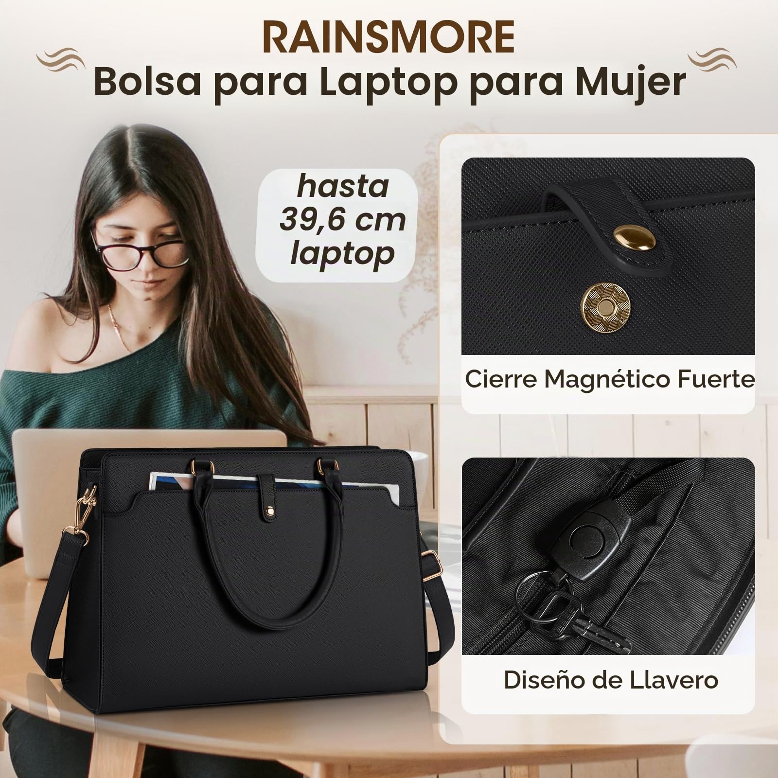 RAINSMORE Bolso Mujer Grande Bolsos Universidad Mujer Impermeable Bolso Ordenador Portatil 15.6 Pulgadas Cuero PU Bolso Shopper Trabajo Tote Negro