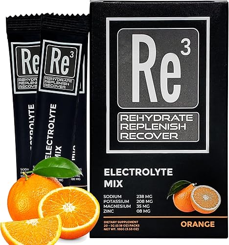 Re3 - Rehydrate - Replenish - Recover Paquetes de electrolitos en polvo. Sin azúcar, 7 cal, 1.4 carbohidratos. La mejor mezcla de vitaminas y