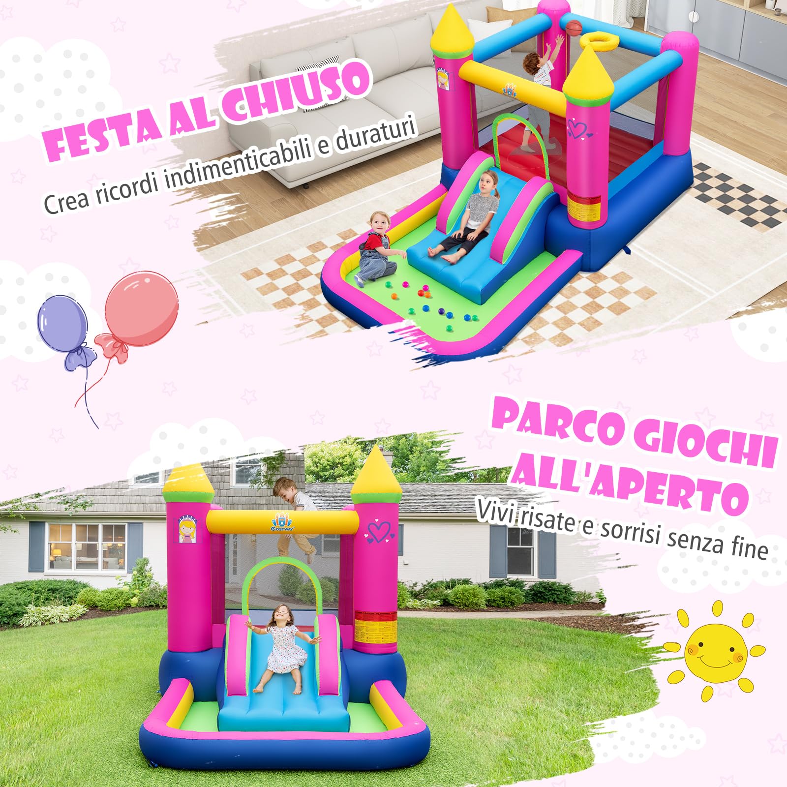 COSTWAY 4-in-1 Castello Gonfiabile per Bambini, Castello a Tema Principessa con Scivolo, Area Salto, Canestro da Basket e Vasca per Palline, Giochi Gonfiabile per 3-12 Anni (Senza Soffiatore)